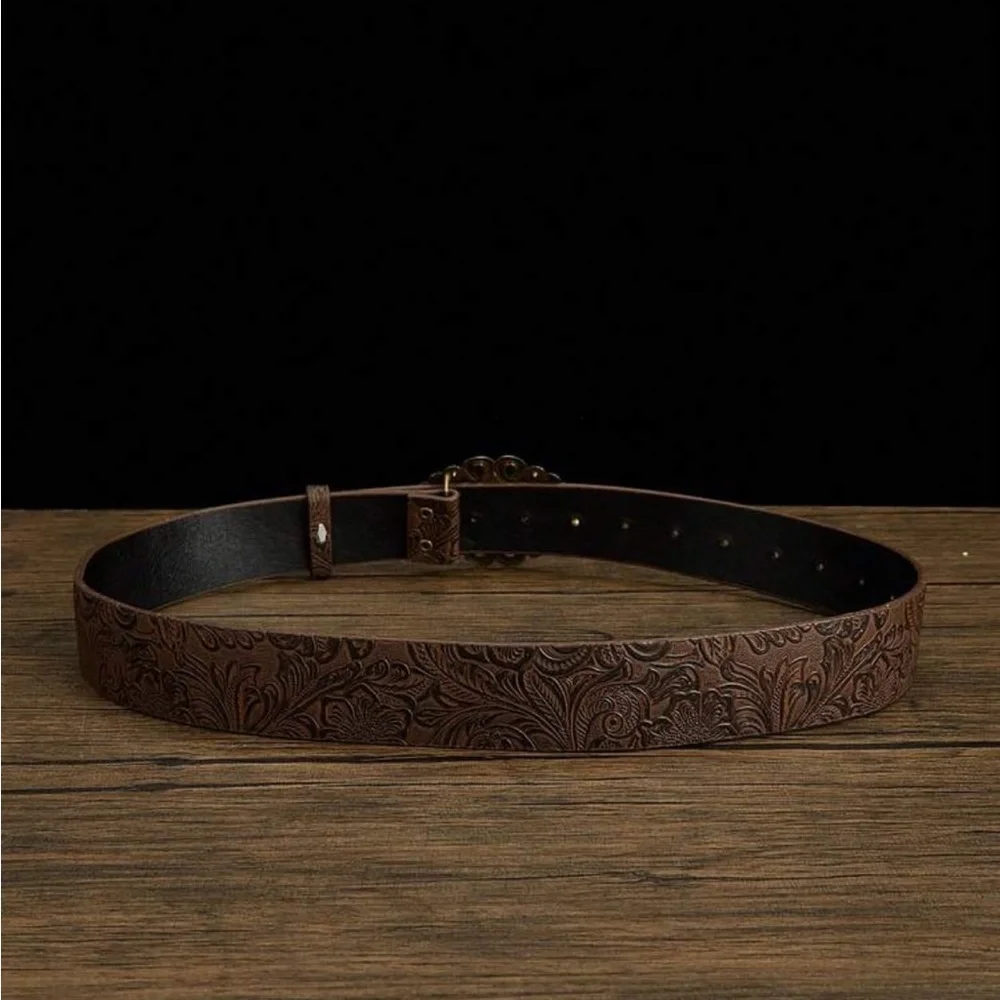 Turquoise Jewels Embossed Floral Faux Leather Bronze Buckle Belt Size Large
